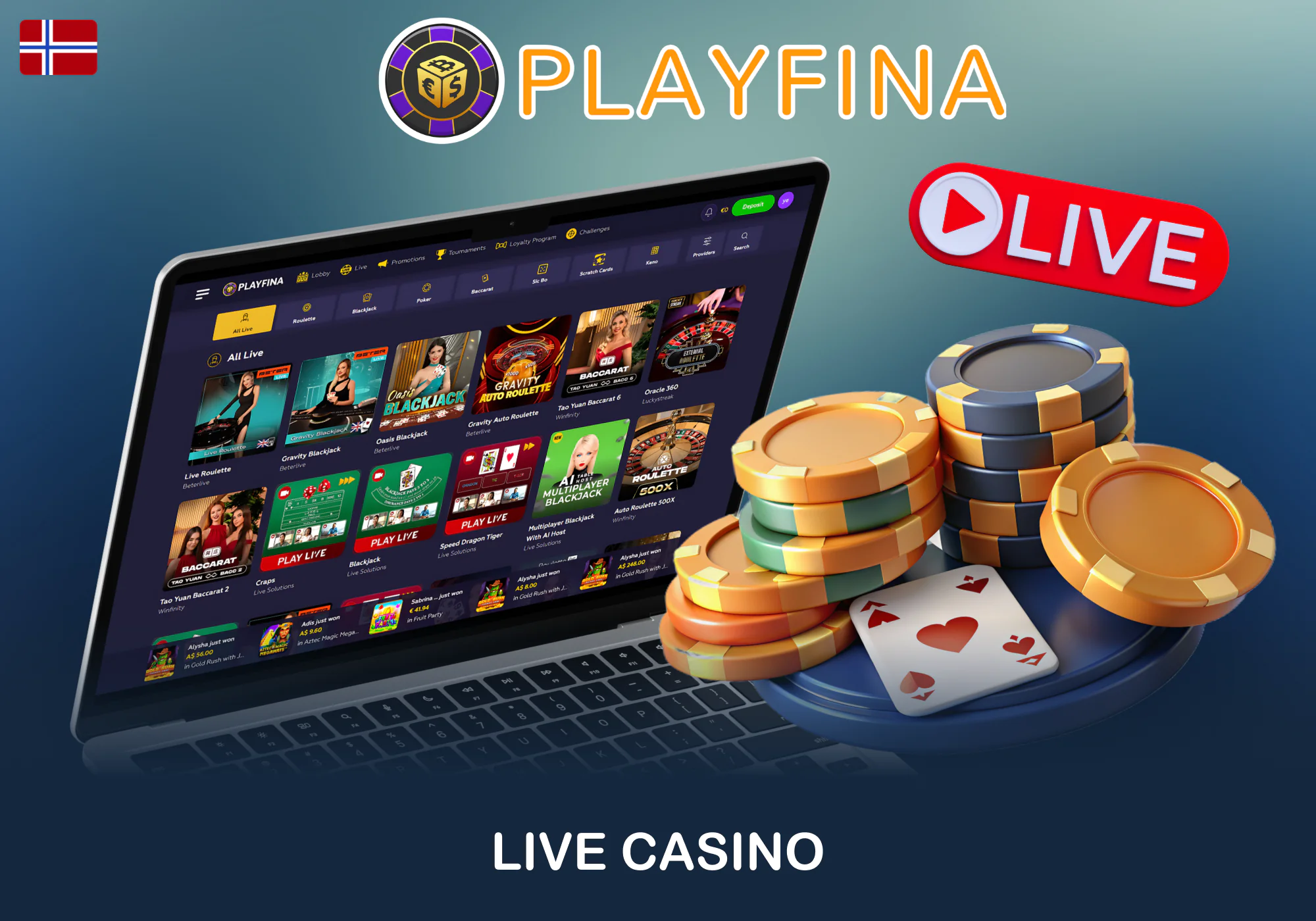 Live dealer-spill hos Playfina for norske brukere